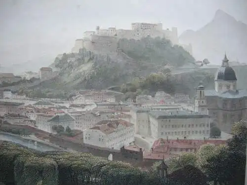 Salzburg Ansicht vom Kapuzinerberg kolor Stahlstich C. Huber nach Fischbach 1850