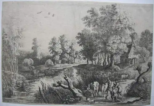 Lucas VAN UDEN (1595-1672) Dorf am Kanal Radierung nach Rubens 1640