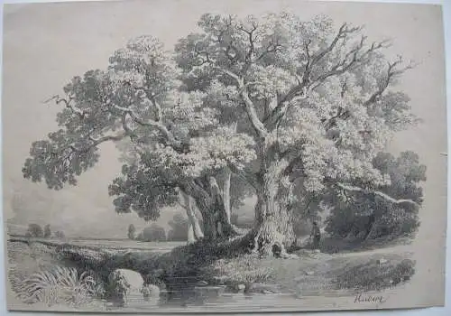 Jean B. Hubert (1801-1865) Zwei mächtige Bäume am Wasser Lithographie signiert