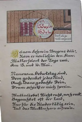Wenig aber von Herzen Sohn an Vater Manuskript Aquarelle Kalligraphie 1914 Unik