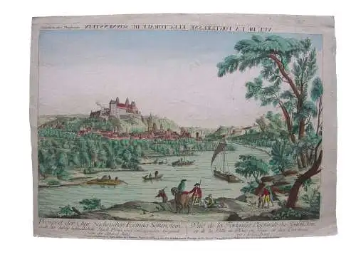 Optical view Guckkastenblatt Sonnenstein Pirna Sachsen Orig Kupferstich 1750