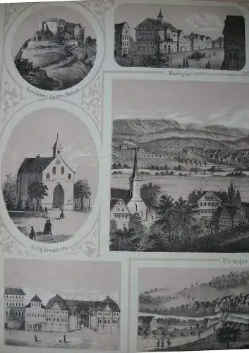 Nürtingen Souvenirblatt Gesamtansicht 9 Teilansichten Orig Lithografie 1869