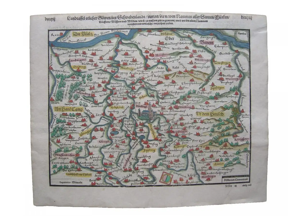 Bayerisch Schwaben Nördlingen altkolorierter Holzschnitt Seb. Münster 1580 0