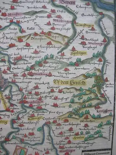 Bayerisch Schwaben Nördlingen altkolorierter Holzschnitt Seb. Münster 1580