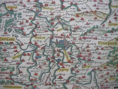 Bayerisch Schwaben Nördlingen altkolorierter Holzschnitt Seb. Münster 1580