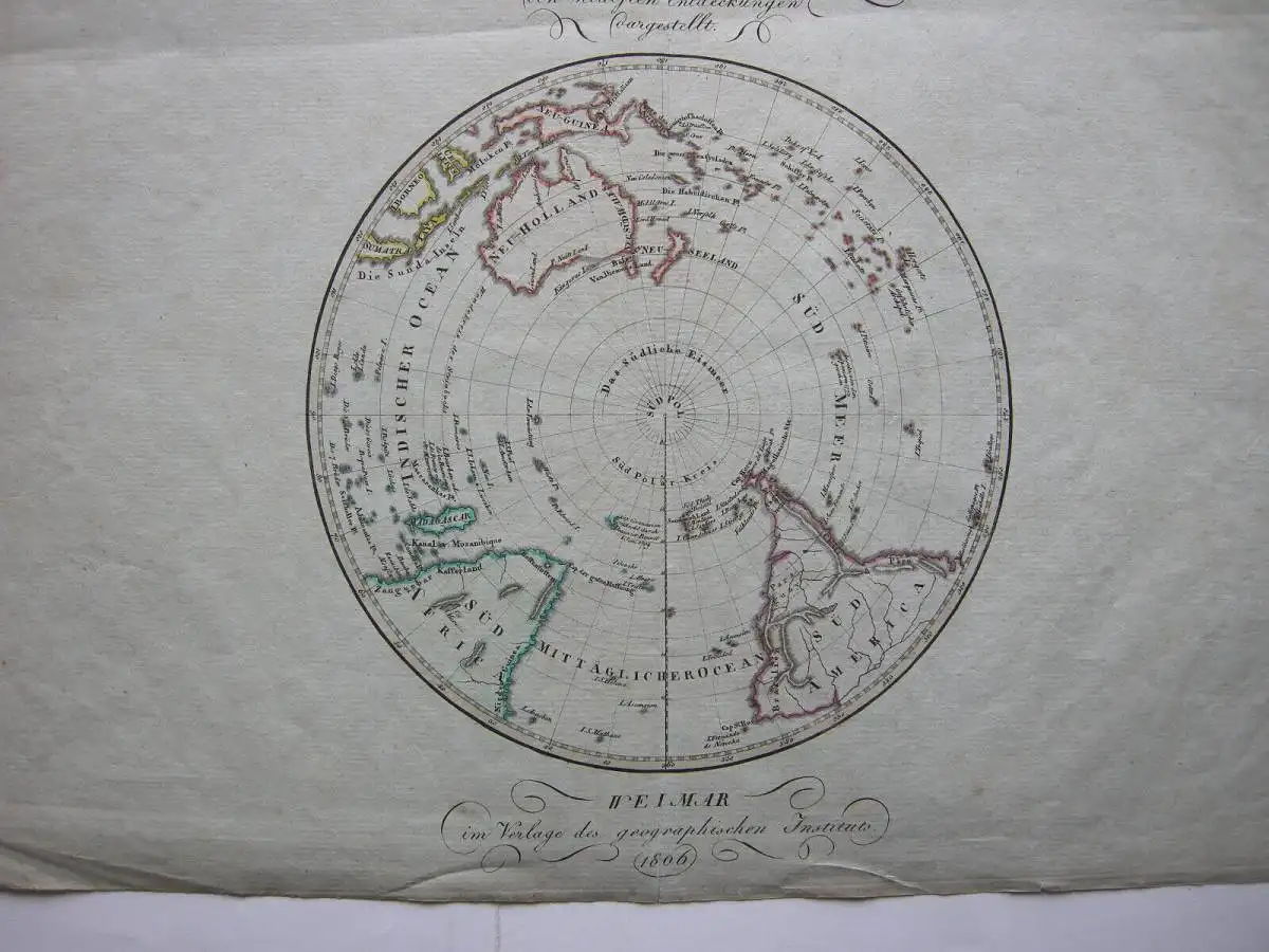 südliche Halbkugel Erde Antarktis altkolorierte Kupferstichkarte 1806 1