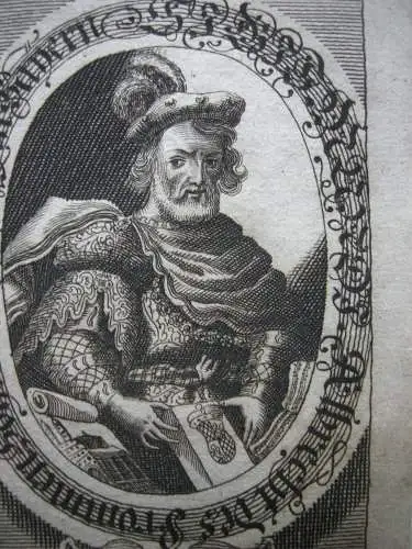 Sigismund (+1501) 55. Herzog von Bayern Portrait mit Emblem Kupferstich 1750