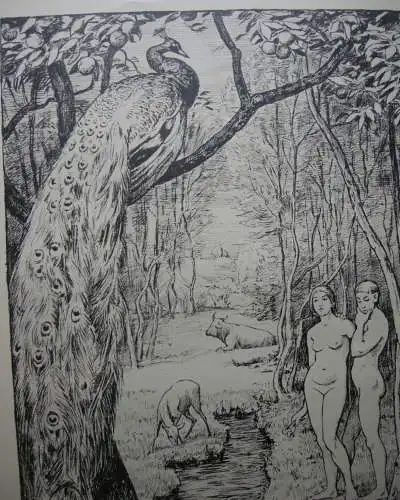 Hans Thoma (1839-1924) Adam und Eva im Paradies Lithographie 1892 signiert