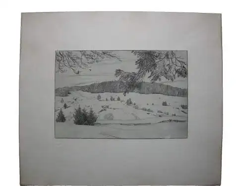 Verschneite schwäbische Landschaft Orig. Radierung Radierverein Karlsruhe 1920