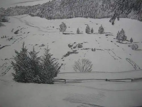 Verschneite schwäbische Landschaft Orig. Radierung Radierverein Karlsruhe 1920
