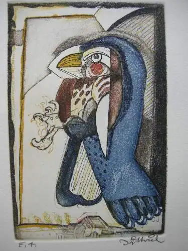 Simon Dittrich (1940) Adler in Blau Orig Farbradierung signiert  Probedruck