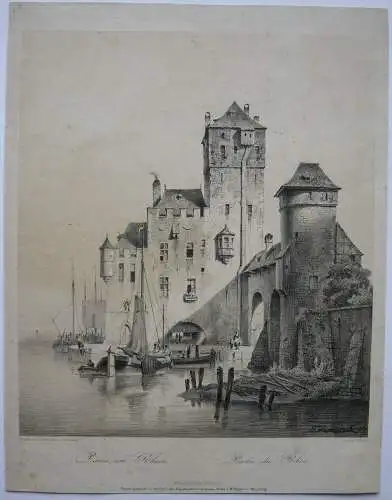 Partie am Rhein Hafen Boote Orig Lithografie J. Vermersch 1850 Münchener Album