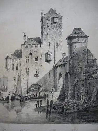 Partie am Rhein Hafen Boote Orig Lithografie J. Vermersch 1850 Münchener Album