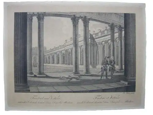 Friedrich II. und Voltaire Colonnade Sans Souci Kupferstich P. Haas 1800