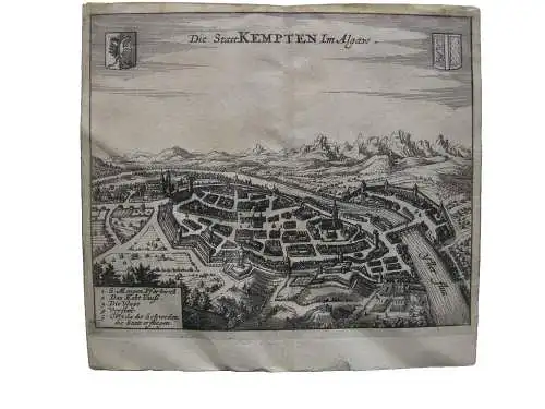 Kempten Allgäu Gesamtansicht Vogelschau Kupferstich Merian 1650