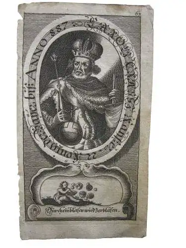 Karl III.  Fette (839-888) König von Bayern Portrait mit Emblem Kupferstich 1750
