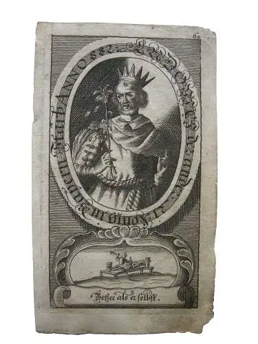 Ludwig III. (+882) König von Bayern Portrait mit Emblem Kupferstich 1750
