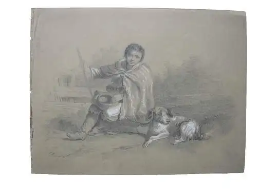 Hirtenjunge mit Hirtenhund weißgehöhte Bleistiftzeichnung 1858 unleserl signiert