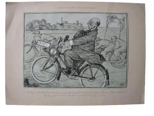 Karikatur Herr im Gehrock auf Fahrrad mit Motor Radrennfahrer Tuschzeichng 1931