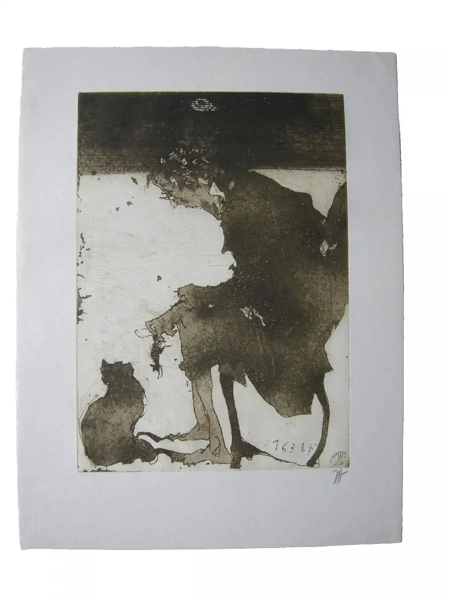 Horst Janssen (1929-1995) Selbst mit Katz und Maus Orig Radierung  signiert 1987 0