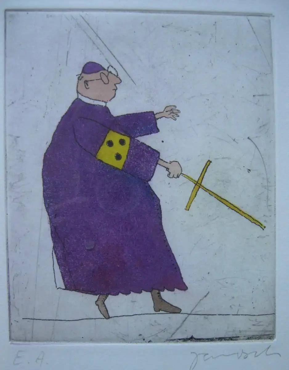 Janosch (1931) Blinder Kardinal Orig Farbradierung Probedruck signiert gerahmt 1