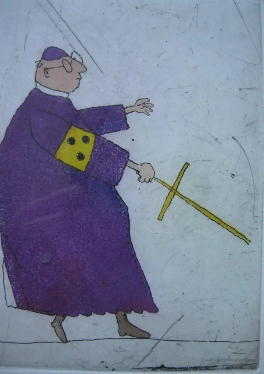 Janosch (1931) Blinder Kardinal Orig Farbradierung Probedruck signiert gerahmt 2