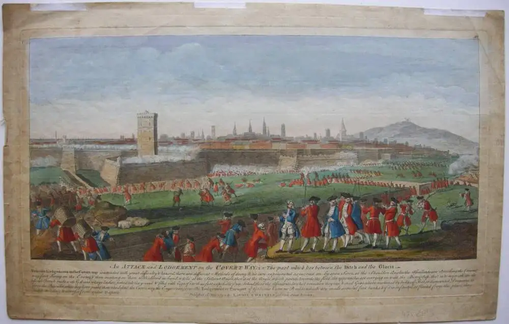 Barcelona Asedio Guerra de succession grabado al cobre color original 1794 0
