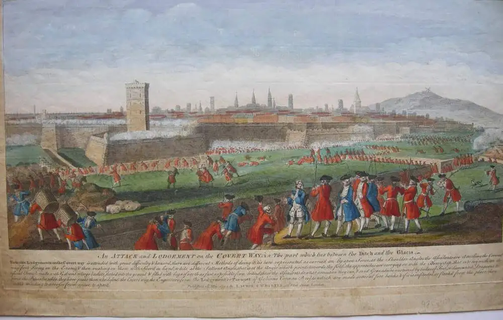 Barcelona Asedio Guerra de succession grabado al cobre color original 1794 1