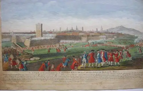 Barcelona Asedio Guerra de succession grabado al cobre color original 1794