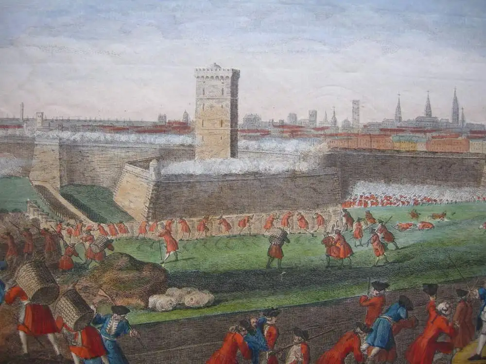 Barcelona Asedio Guerra de succession grabado al cobre color original 1794 2