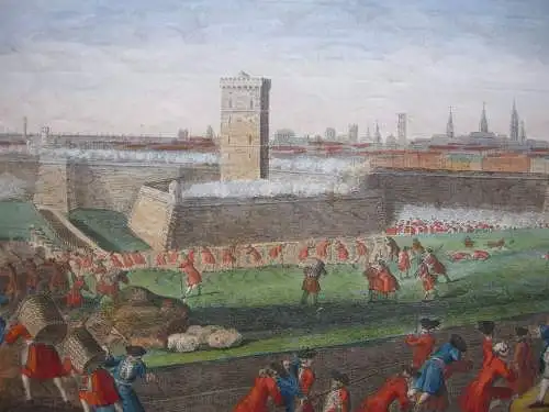 Barcelona Asedio Guerra de succession grabado al cobre color original 1794