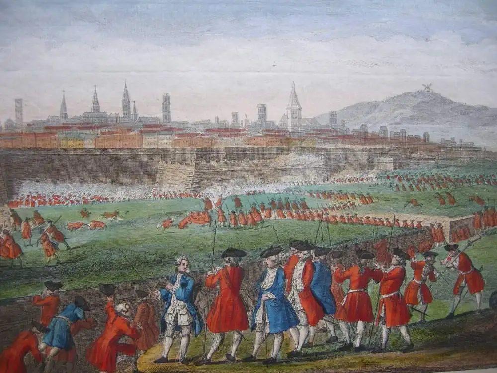 Barcelona Asedio Guerra de succession grabado al cobre color original 1794 3