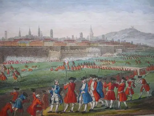 Barcelona Asedio Guerra de succession grabado al cobre color original 1794