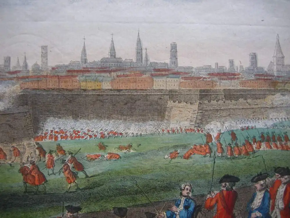 Barcelona Asedio Guerra de succession grabado al cobre color original 1794 4