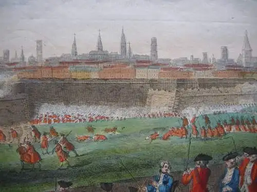 Barcelona Asedio Guerra de succession grabado al cobre color original 1794