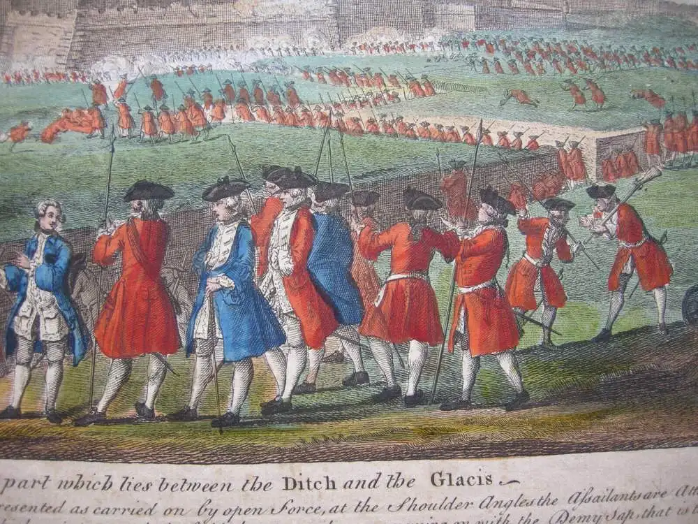Barcelona Asedio Guerra de succession grabado al cobre color original 1794 5