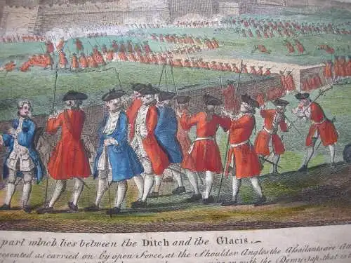 Barcelona Asedio Guerra de succession grabado al cobre color original 1794