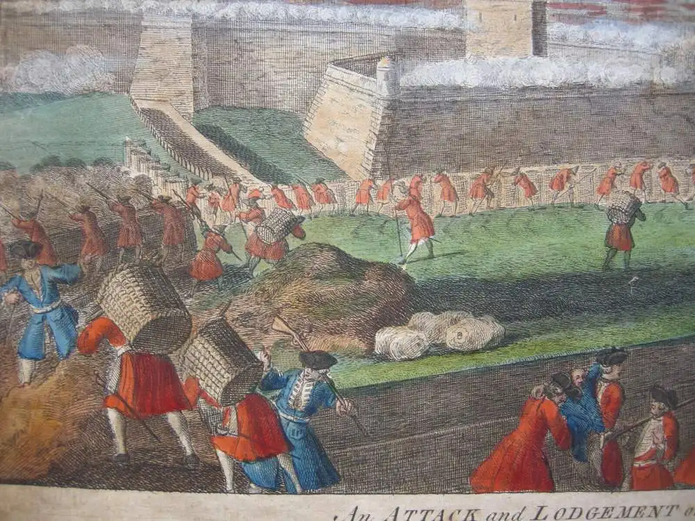 Barcelona Asedio Guerra de succession grabado al cobre color original 1794 6