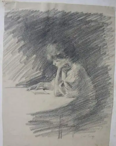 Otto Goetze (1868-1931) Lesende Frau am Tisch Bleistiftzeichnung signiert 1910