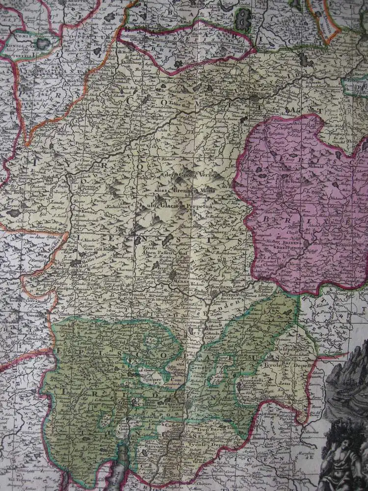Tirol Südtirol Österreich Italien altkolorierte Kupferstichkarte Seutter 1730 4