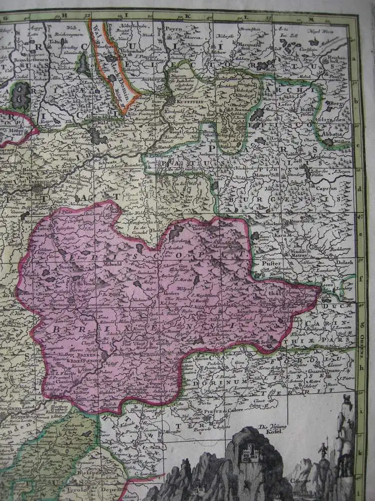 Tirol Südtirol Österreich Italien altkolorierte Kupferstichkarte Seutter 1730 5