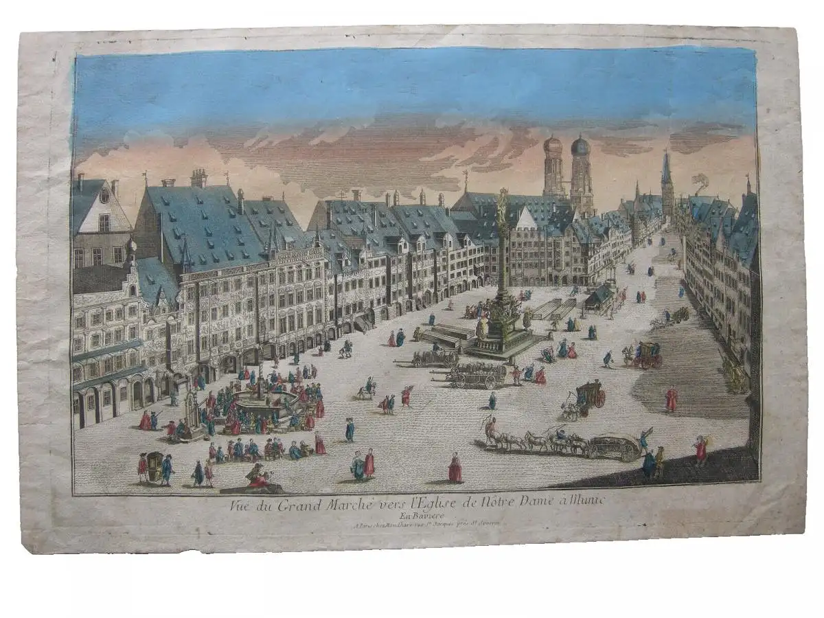 Vue d’optique Guckkastenblatt München Marienplatz altkolor Kupferstich 1750 0
