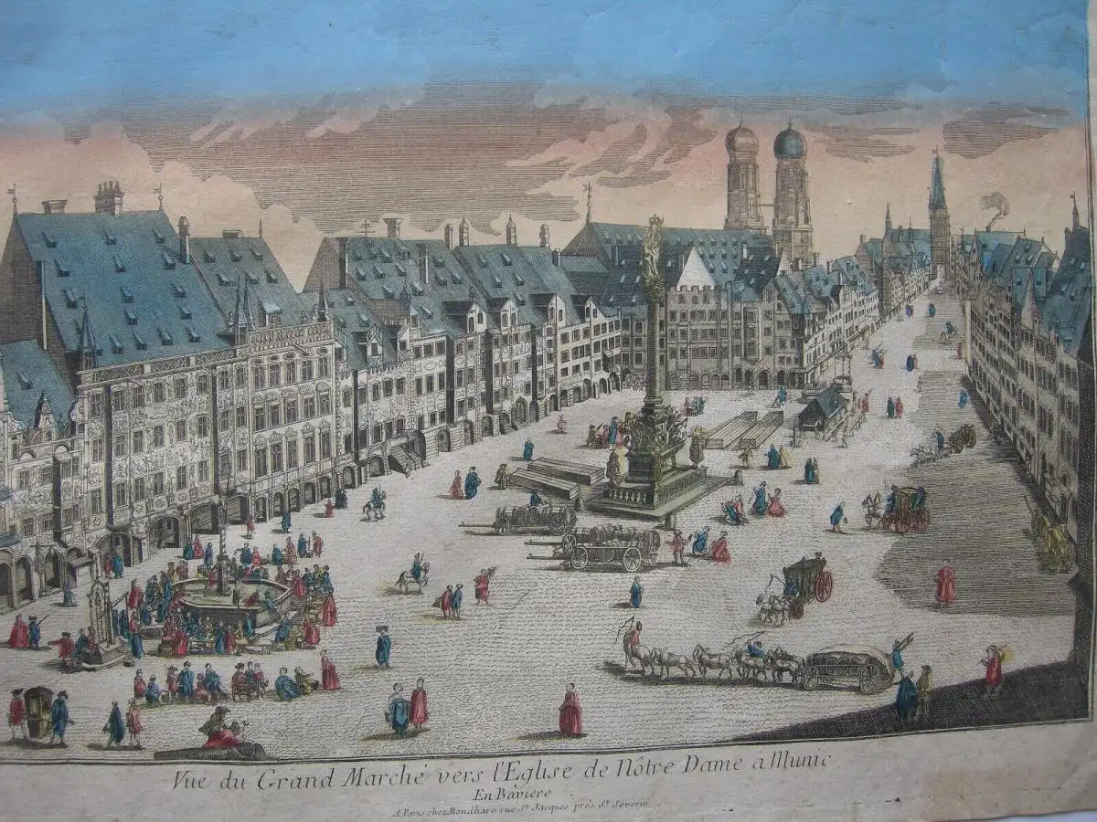 Vue d’optique Guckkastenblatt München Marienplatz altkolor Kupferstich 1750 1