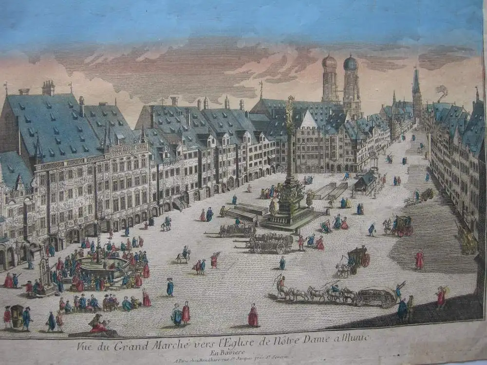 Vue d’optique Guckkastenblatt München Marienplatz altkolor Kupferstich 1750 1