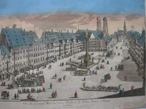 Vue d’optique Guckkastenblatt München Marienplatz altkolor Kupferstich 1750