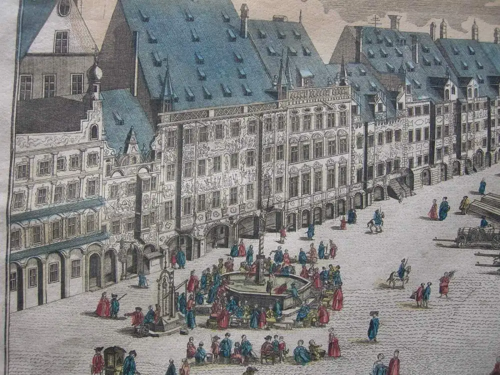 Vue d’optique Guckkastenblatt München Marienplatz altkolor Kupferstich 1750 2