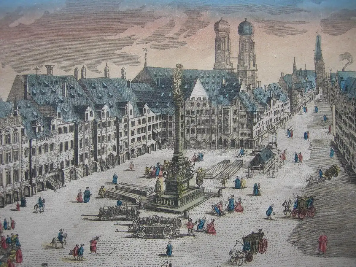Vue d’optique Guckkastenblatt München Marienplatz altkolor Kupferstich 1750 3