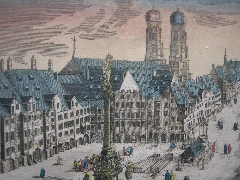 Vue d’optique Guckkastenblatt München Marienplatz altkolor Kupferstich 1750 5