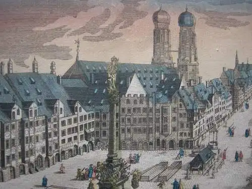 Vue d’optique Guckkastenblatt München Marienplatz altkolor Kupferstich 1750