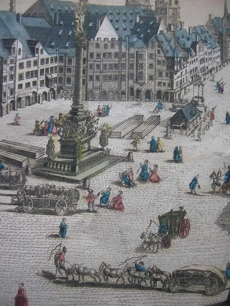 Vue d’optique Guckkastenblatt München Marienplatz altkolor Kupferstich 1750 6
